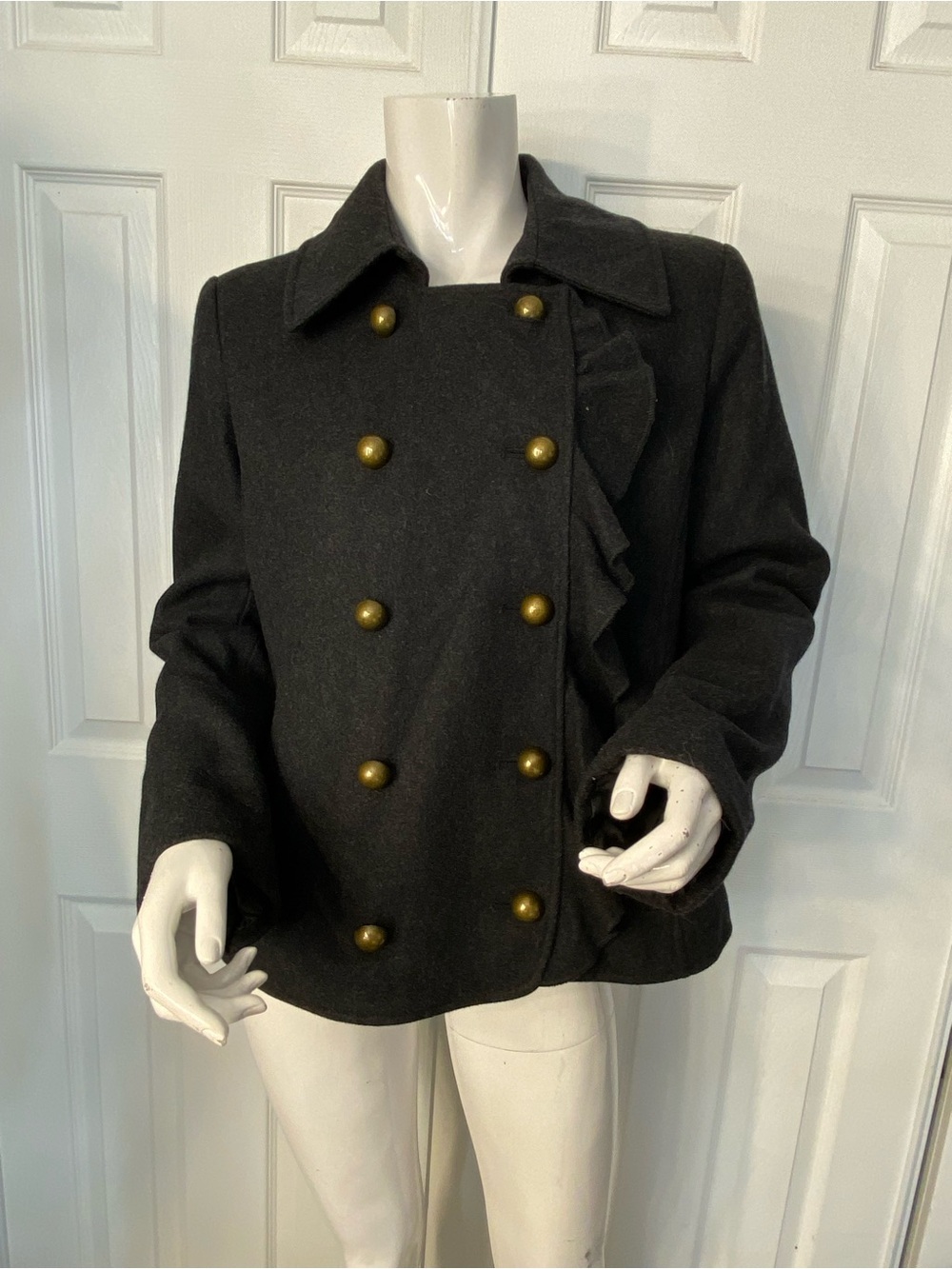 DKNYC Black Double-Breasted Pea Coat with Gold Buttons and Ruffle Trim